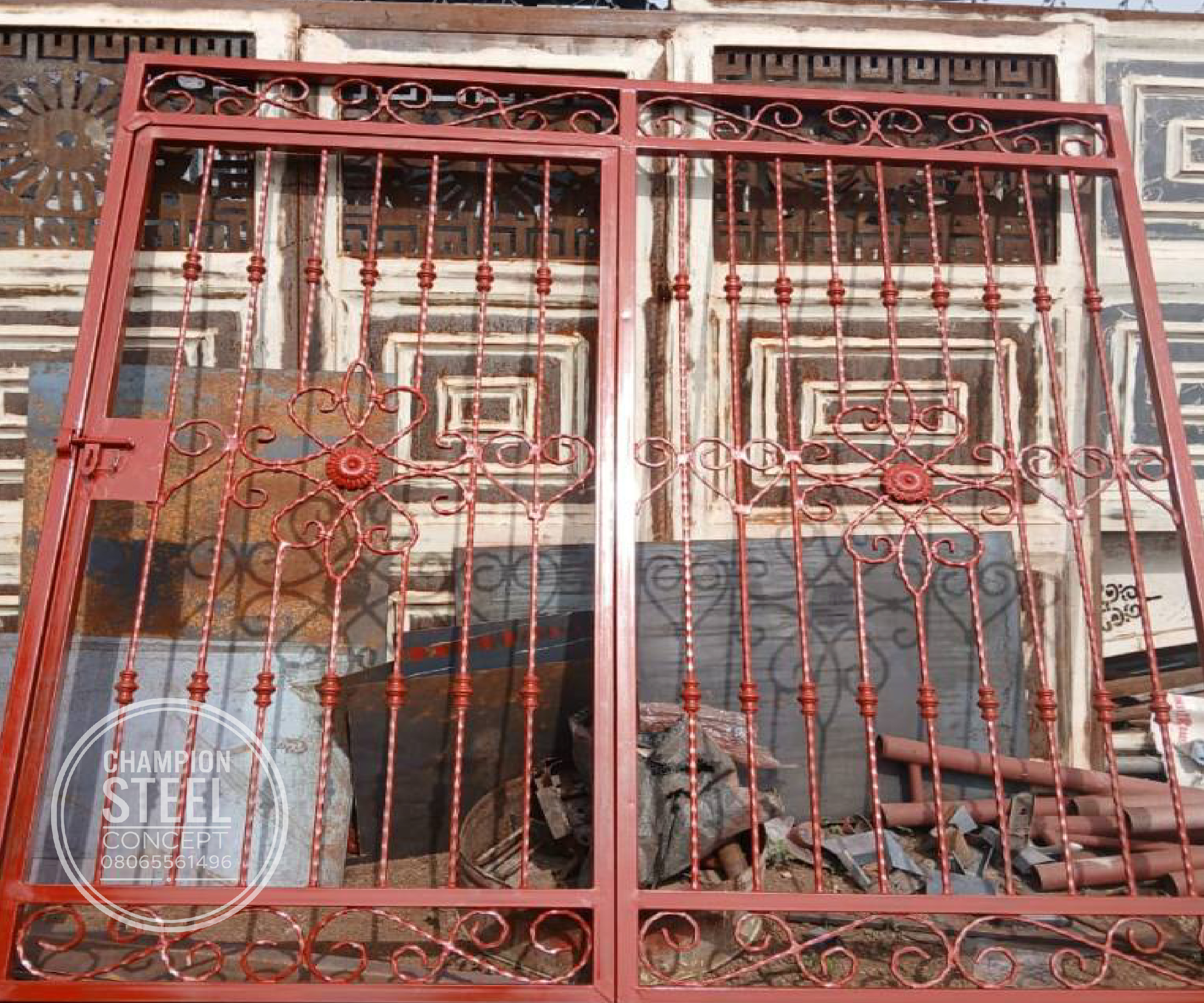 Ornate Red Double Leaf Pedestrian Gate with Floral Design