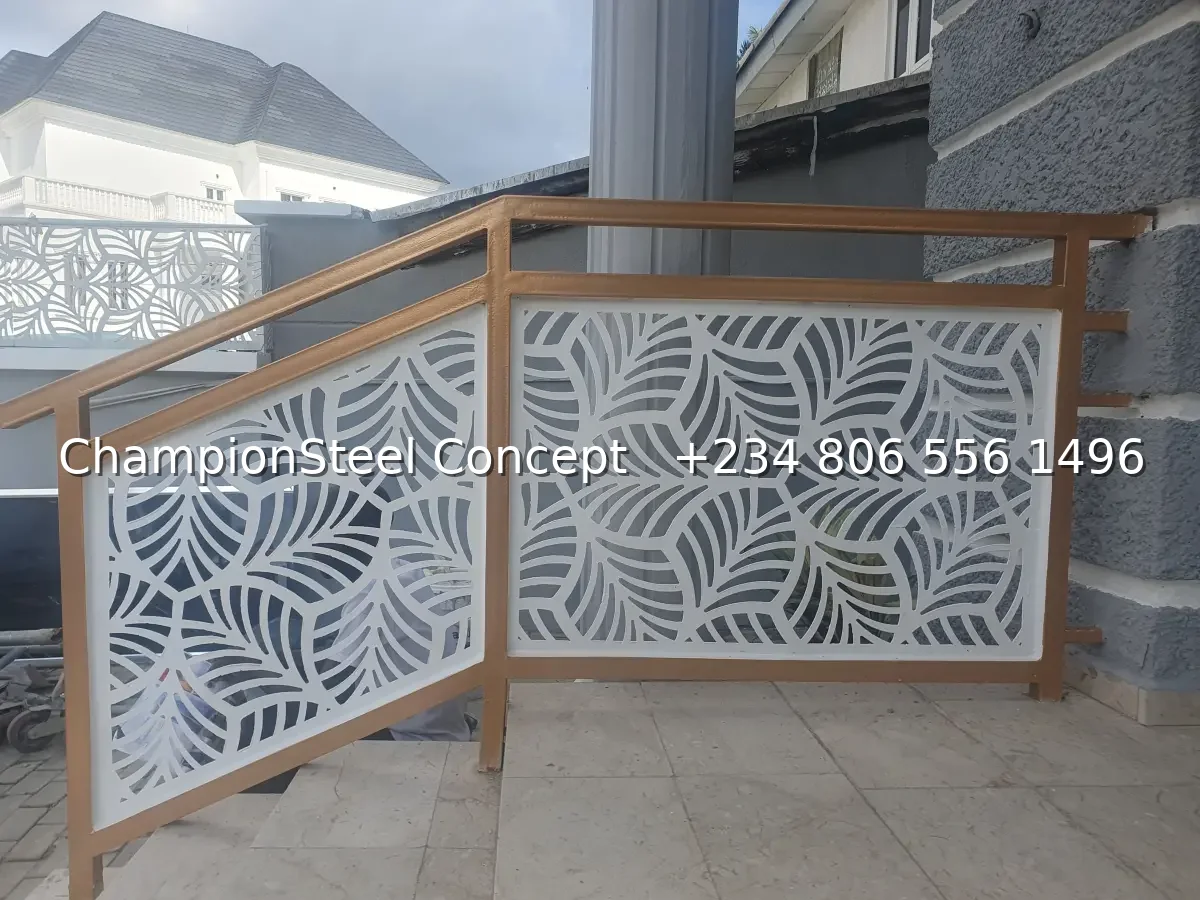Modern Laser-Cut Decorative Balustrade with Gold & White Leaf Pattern – Elegant Staircase Railing