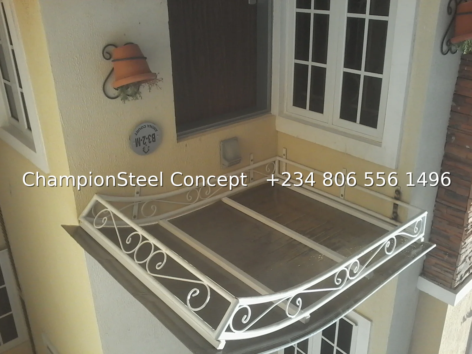 Ornamental Arched Entrance Canopy with Scroll-Design Frame – White Powder-Coated